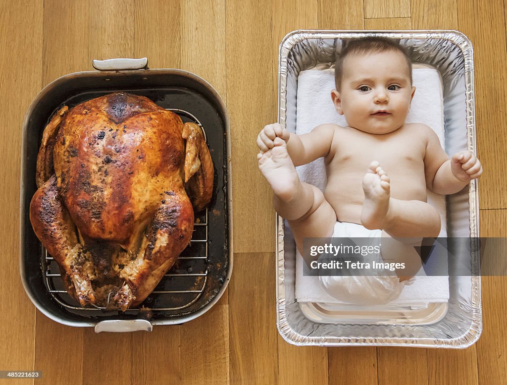 USA, New York State, New York City, Baked turkey and baby girl (2-5 months) in baking dish