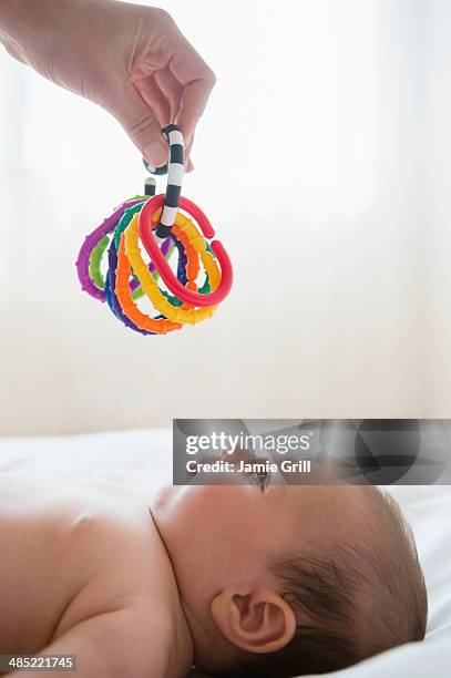 hand holding colorful toy above baby girl (2-5 months) - baby rattle stock pictures, royalty-free photos & images