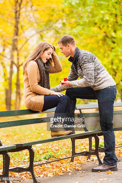 usa, new york state, new york city, young man proposing to young woman in central park - engagement ring imagens e fotografias de stock