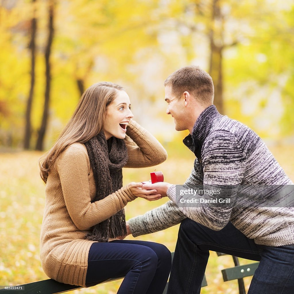 USA, New York State, New York City, Young man proposing to young woman in Central Park