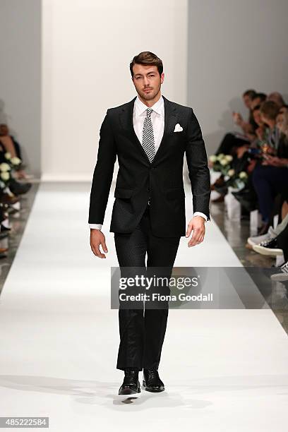 The Bachelor Art Green showcases designs by Working Style during the New Zealand Weddings Magazine Collection show at New Zealand Fashion Week 2015...