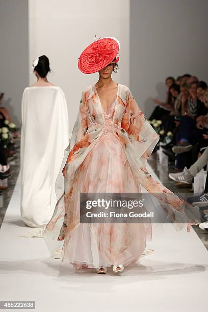 Model showcases designs by Robyn Cliffe Couturiere during the New Zealand Weddings Magazine Collection show at New Zealand Fashion Week 2015 on...