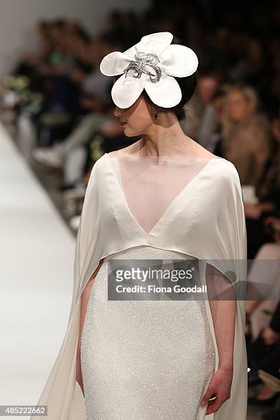 Model showcases designs by Robyn Cliffe Couturiere during the New Zealand Weddings Magazine Collection show at New Zealand Fashion Week 2015 on...