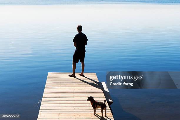 usa, new york state, wurtsboro, rear view of man on jetty looking at view - rural new york state stock pictures, royalty-free photos & images