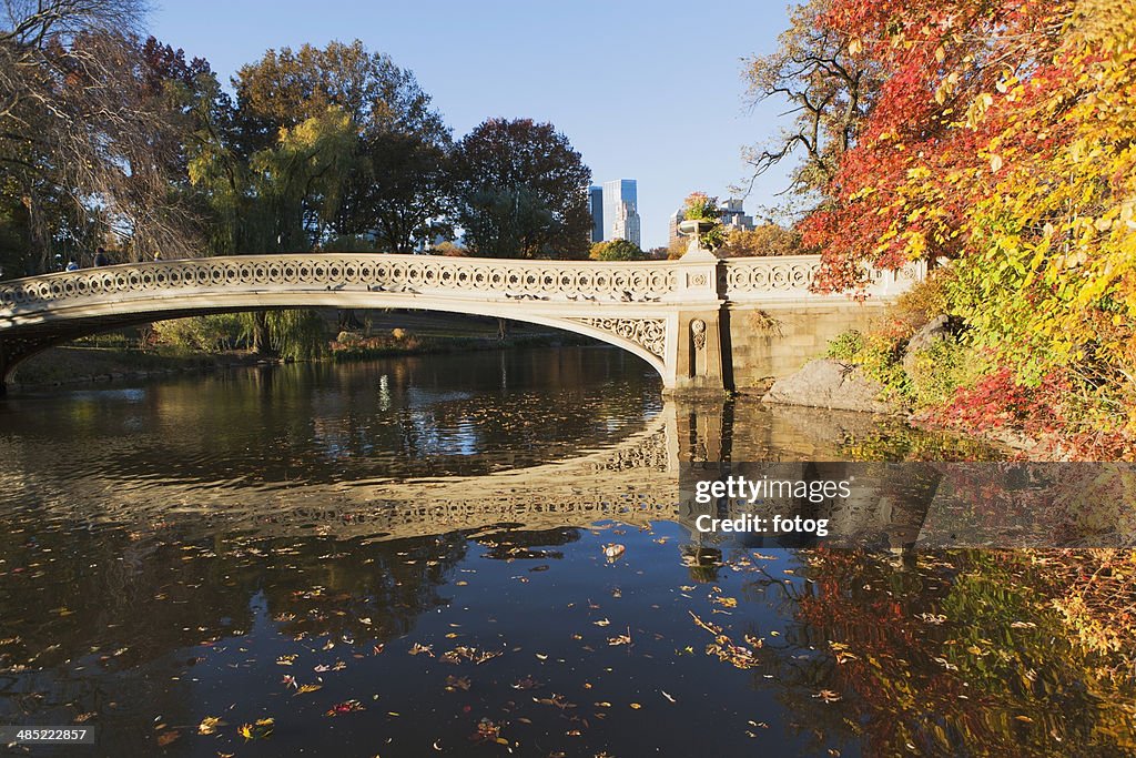 USA, New York State, New York City, Footbridge over lake in Central Park