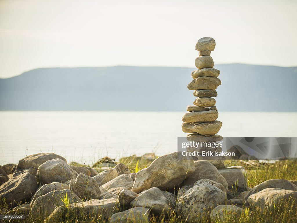 USA, Utah, Bear Lake, Stack of stones by lake