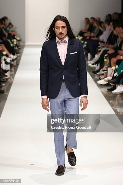 Model showcases designs by Barkers during the New Zealand Weddings Magazine Collection show at New Zealand Fashion Week 2015 on August 26, 2015 in...