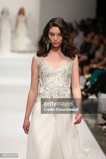 Model showcases designs by John Zimmerman Couture during the New Zealand Weddings Magazine Collection show at New Zealand Fashion Week 2015 on August...