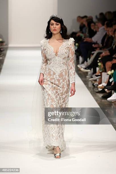 Model showcases designs by John Zimmerman Couture during the New Zealand Weddings Magazine Collection show at New Zealand Fashion Week 2015 on August...