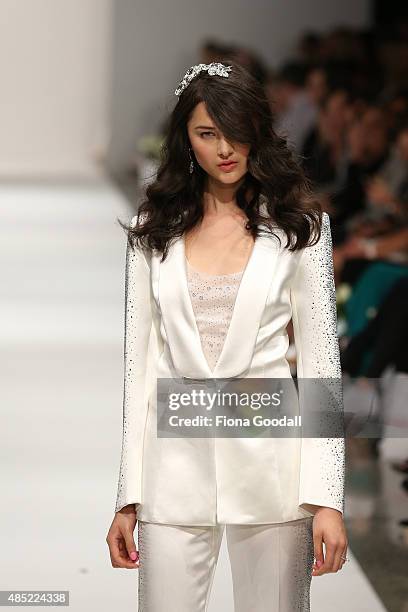 Model showcases designs by John Zimmerman Couture during the New Zealand Weddings Magazine Collection show at New Zealand Fashion Week 2015 on August...