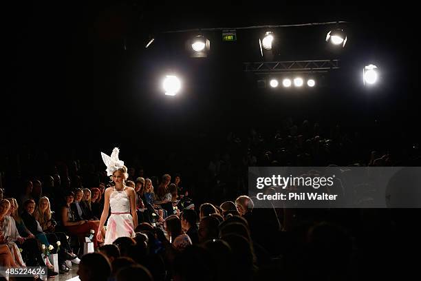 Model showcases designs by Natalie Chan by during the New Zealand Weddings Magazine Collection show at New Zealand Fashion Week 2015 on August 26,...