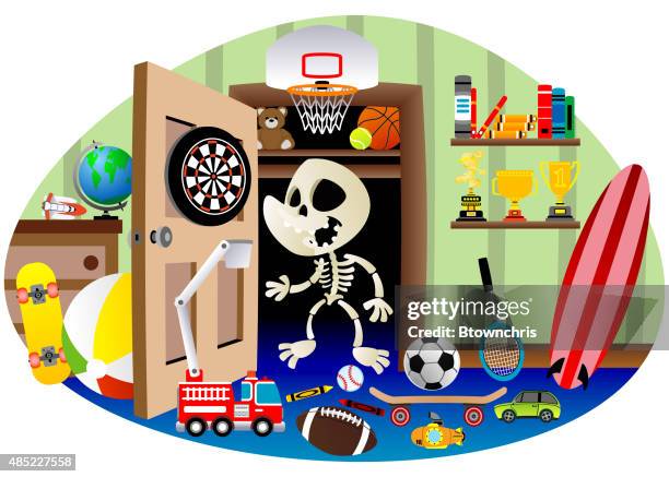 skeleton in the closet - messy room stock illustrations