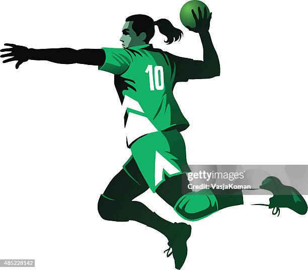 female handball player jumping with ball - isolated - handball stock illustrations