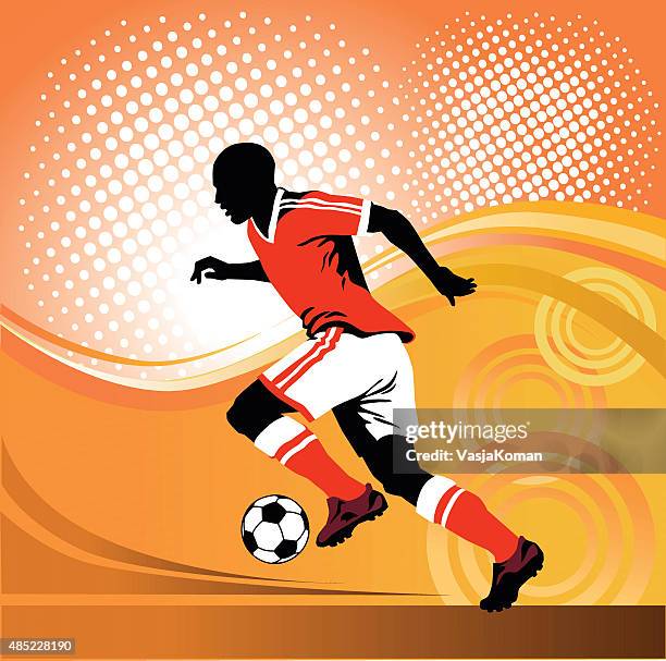 soccer player running with ball on red background - defender soccer player stock illustrations