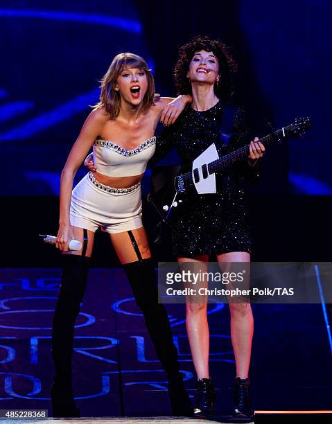 Singer-songwriters Taylor Swift and St. Vincent perform onstage during Taylor Swift The 1989 World Tour Live In Los Angeles at Staples Center on...