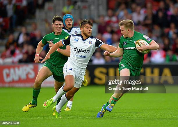 Rob Coote of Bath Rugby tackles Ryan Jeffery of London Irish during the Singha Premiership Rugby 7s Series - Gloucester at Kingsholm Stadium on...