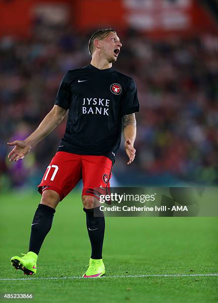 Daniel Royer of FC Midtjylland reacts during the UEFA Europa League Play Off Round 1st Leg match between Southampton and FC Midtjylland at St Mary's...