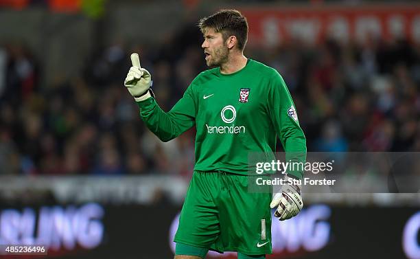 York goalkeeper Scott Flinders in action during the Capital One Cup Second Round match between Swansea City and York City at Liberty Stadium on...