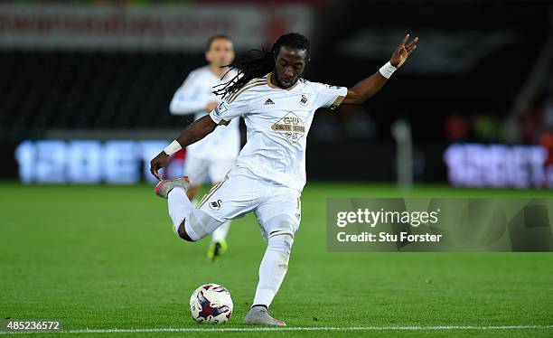 Swansea player Marvin Emnes in action during the Capital One Cup Second Round match between Swansea City and York City at Liberty Stadium on August...