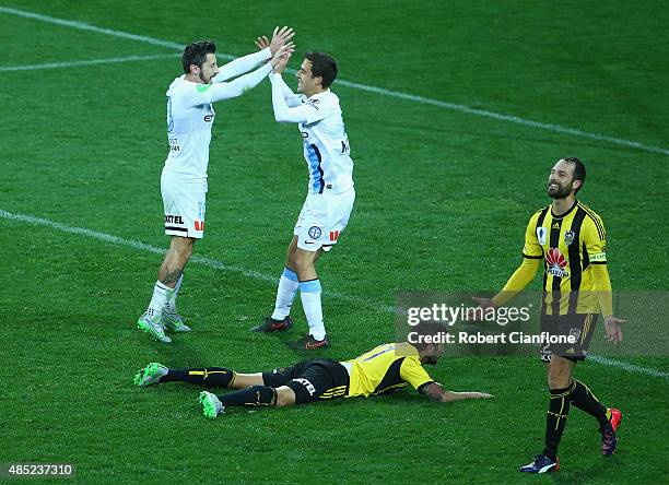 Robert Koren of Melbourne City celebrates with Wade Dekker after scoring a goal during the FFA Cup Round of 16 match between Melbourne City FC and...