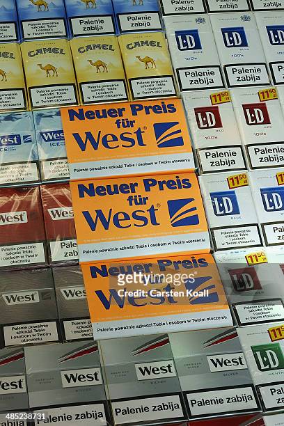 Several different brands of cigarettes on display for sale at a market on April 15, 2014 in Slubice, Poland. Slubice the first Polish city behind the...