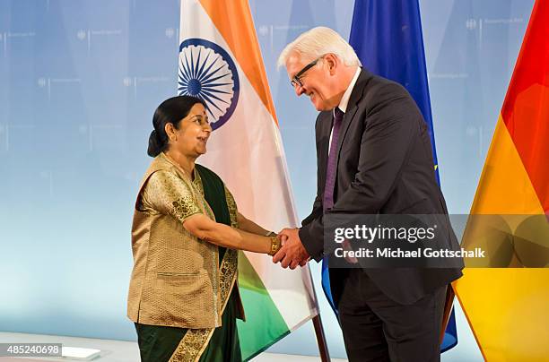 Berlin, Germany German Foreign Minister Frank-Walter Steinmeier and Foreign Minister of India, Sushma Swaraj, meet in German Foreign Office on August...