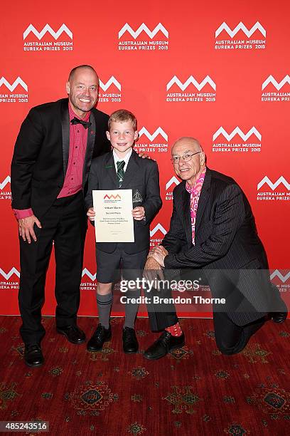 Dr Karl Kruszelnicki and Adam Spencer present William Martin of Trinity Grammar Sydney with second place in the 'University of Sydney Sleek Geeks...