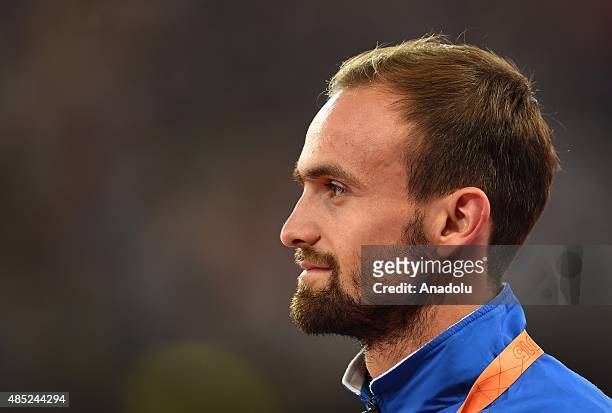 Silver medalist Amel Tuka of Bosnia and Herzegovina poses on the podium during the medal ceremony for the Men's 800 metres final during the '15th...