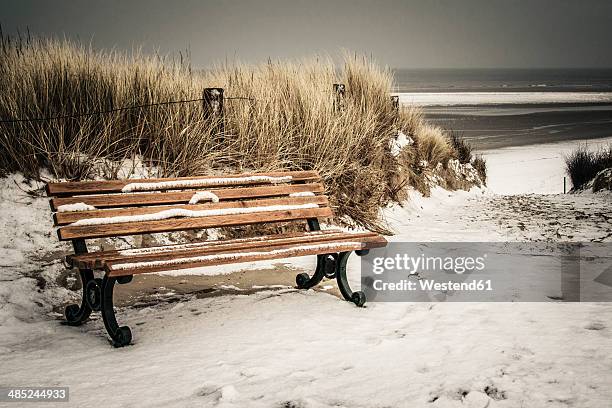 germany, lower saxony, bench at the beach of langeoog - langeoog fotografías e imágenes de stock