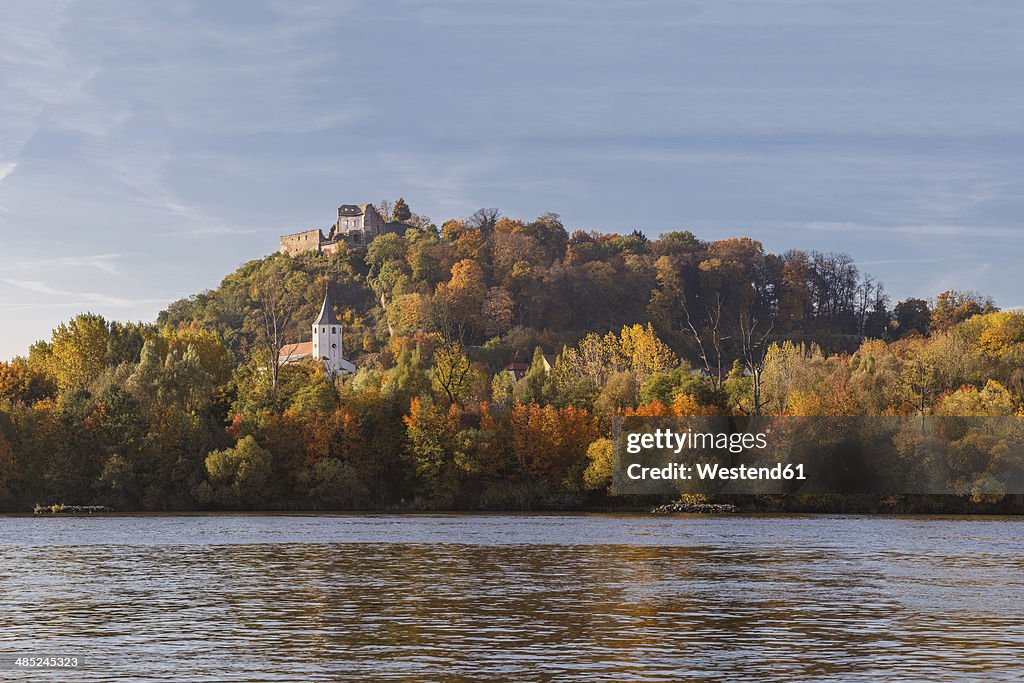 Germany, Bavaria, Upper Palatinate, Donaustauf, View of the castle ruins at Danube Valley