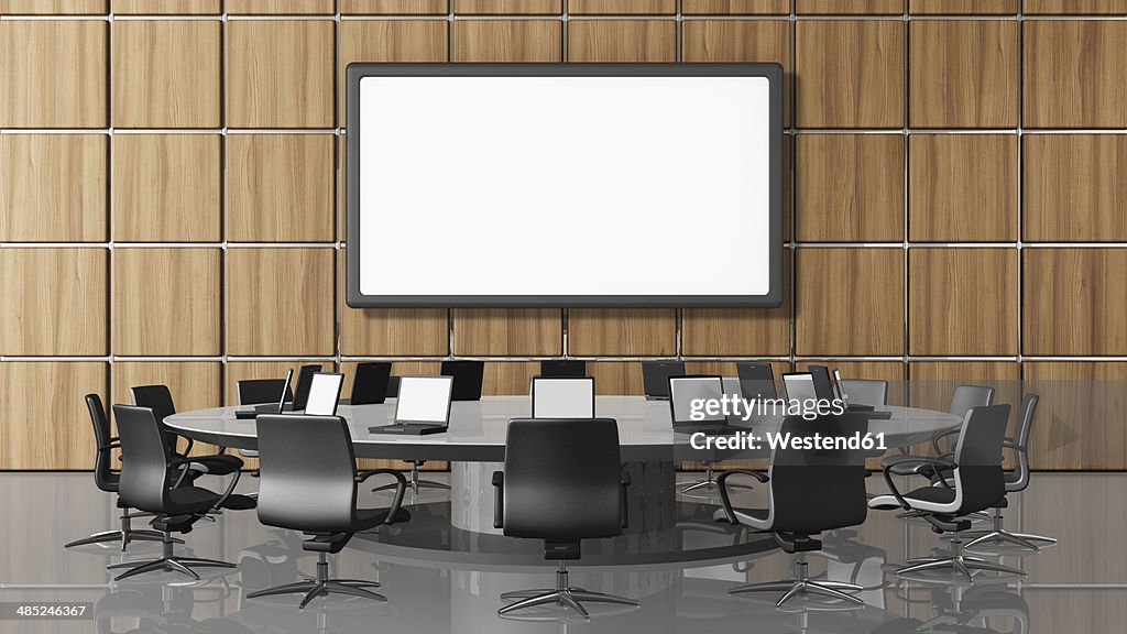 Conference room with projection screen, illustration
