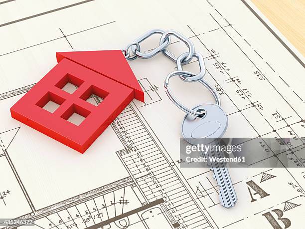 ilustraciones, imágenes clip art, dibujos animados e iconos de stock de key with red key chain formed like a house lying on construction plan, 3d rendering - llave de la casa