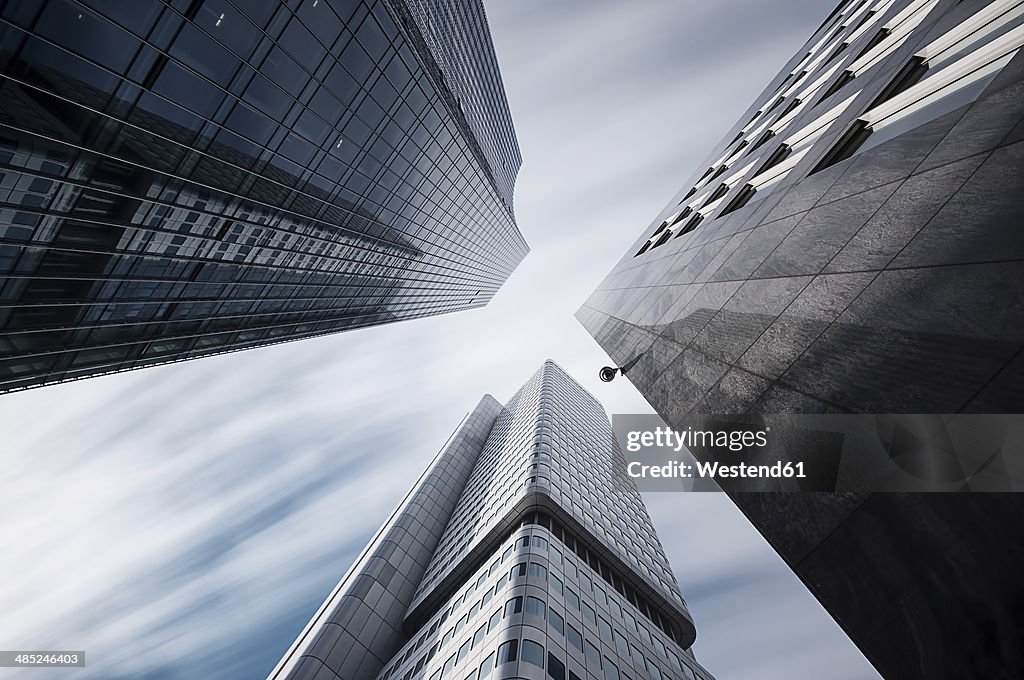Germany, Hesse, Frankfurt, high-rise buildings Skyper and Silver tower, long exposure