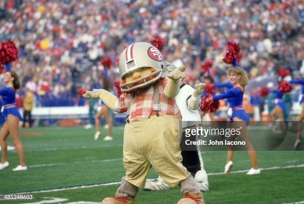 Super Bowl XIX: San Francisco 49ers mascot on field during halftime show duirng game vs Miami Dolphins at Stanford Stadium. Palo Alto, CA 1/20/1985...