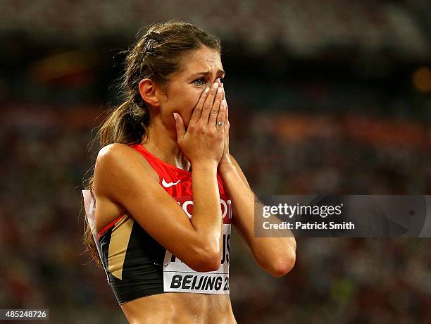 Gesa Felicitas Krause of Germany celebrates after crossing the finish line to win bronze in the Women's 3000 metres steeplechase final during day...