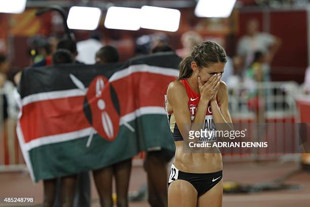 Germany's Gesa Felicitas Krause reacts after finishing second in the final of the women's 3000 metres steeplechase athletics event at the 2015 IAAF...
