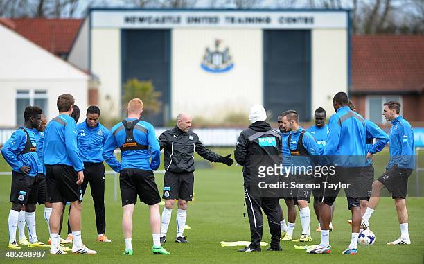 First Team Coach Steve Stone gives instructions to players during a training session at The Newcastle United Training Centre on April 17 in Newcastle...