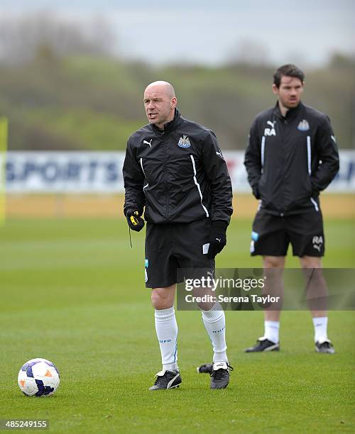 First Team Coach Steve Stone shouts instructions during a training session at The Newcastle United Training Centre on April 17 in Newcastle upon...