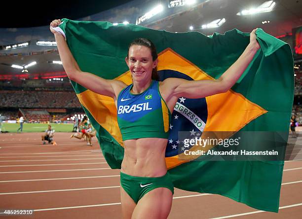 Fabiana Murer of Brazil celebrates after winning silver in the Women's Pole Vault final during day five of the 15th IAAF World Athletics...