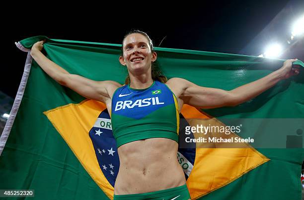 Fabiana Murer of Brazil celebrates after winning silver in the Women's Pole Vault final during day five of the 15th IAAF World Athletics...
