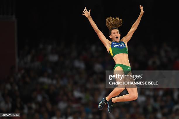 Brazil's Fabiana Murer reacts during the final of the women's pole vault athletics event at the 2015 IAAF World Championships at the "Bird's Nest"...