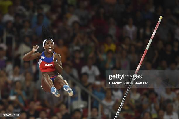 Cuba's Yarisley Silva clears the bar to win the final of the women's pole vault athletics event at the 2015 IAAF World Championships at the "Bird's...