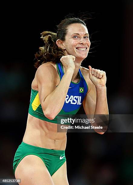 Fabiana Murer of Brazil celebrates after winning silver in the Women's Pole Vault final during day five of the 15th IAAF World Athletics...