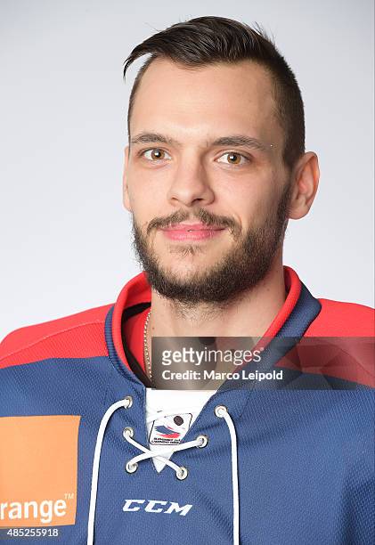 Tomas Bokros of Slovakia poses for a portrait during the Slovakia men's national ice hockey team presentation on November 6, 2014 in Munich, Germany.