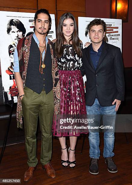 Actors Avan Jogia, Hailee Steinfeld and Emile Hirsch attend the premiere of 'Ten Thousand Saints' at Piknic on August 11, 2015 in Century City,...