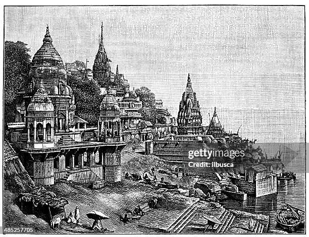 antique illustration of burning ghats of varanasi (benares) - ancient history stock illustrations