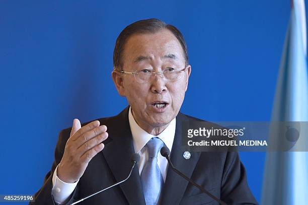 Secretary General of the United Nations, Ban Ki-Moon, spekas during a press conference with French Foreign Affairs minister Laurent Fabius and...