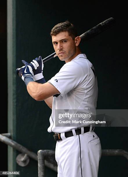 Ian Kinsler of the Detroit Tigers looks on from the dugout during the game against the Texas Rangers at Comerica Park on August 20, 2015 in Detroit,...