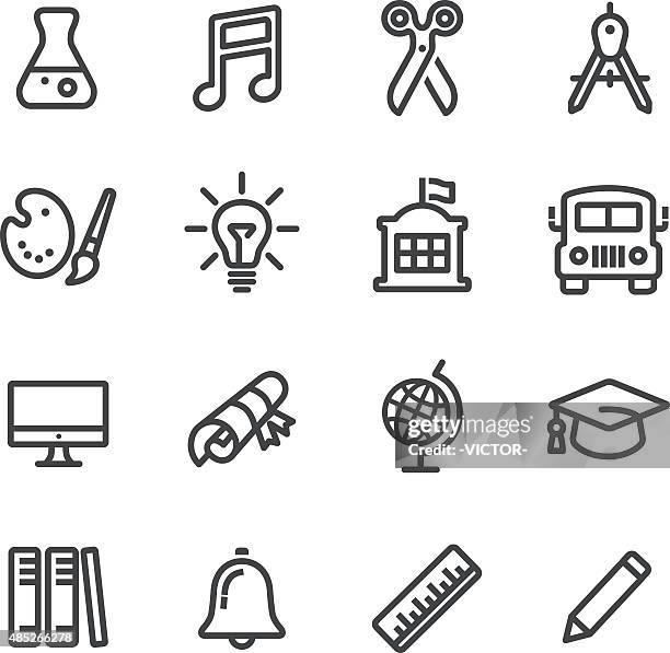 ilustraciones, imágenes clip art, dibujos animados e iconos de stock de tema iconos de la escuela y de línea serie - escuela rural