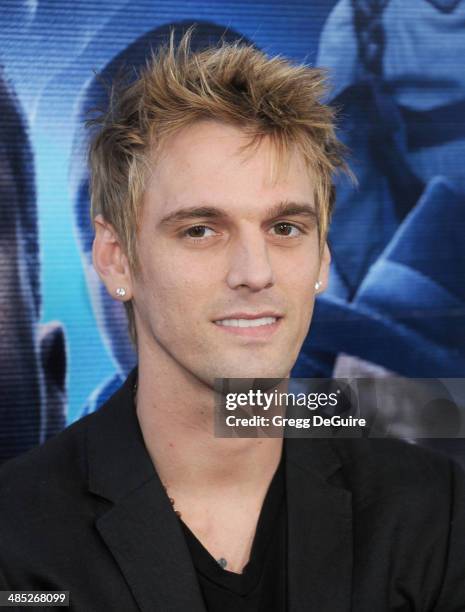 Singer Aaron Carter arrives at the Los Angeles premiere of "A Haunted House 2" at Regal Cinemas L.A. Live on April 16, 2014 in Los Angeles,...